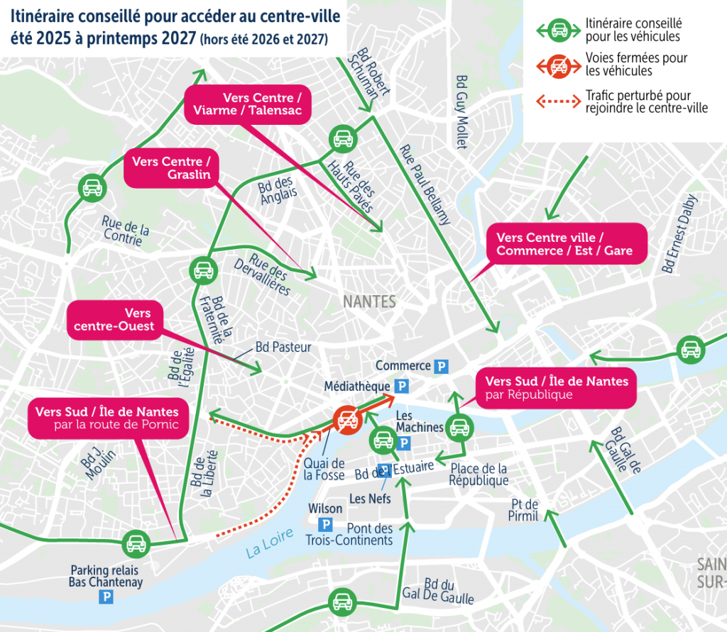 Plan itinéraire conseillé pour accéder au centre-ville été 2025 à printemps 2027