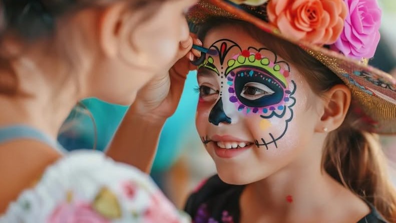 Maquillage coloré inspiré du Día de los Muertos réalisé sur le visage d’une enfant