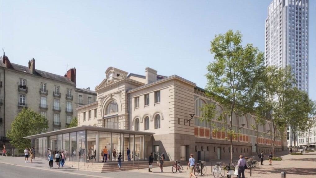 Vue générale du projet de restauration de la Halle de Feltre à Nantes, près de la tour Bretagne.