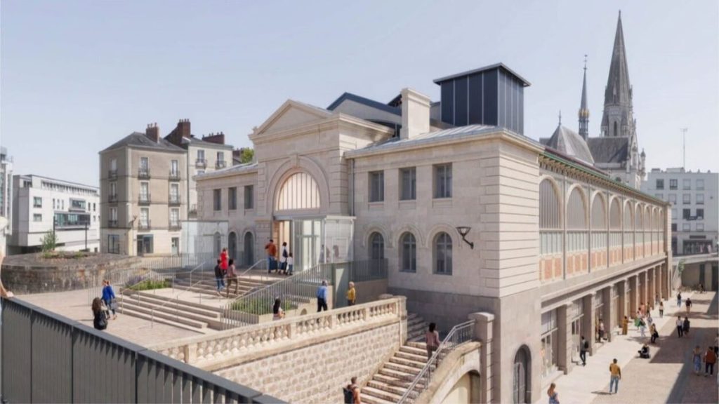 Projet de restauration de la Halle de Feltre à Nantes avec les nouveaux accès et les escaliers extérieurs.