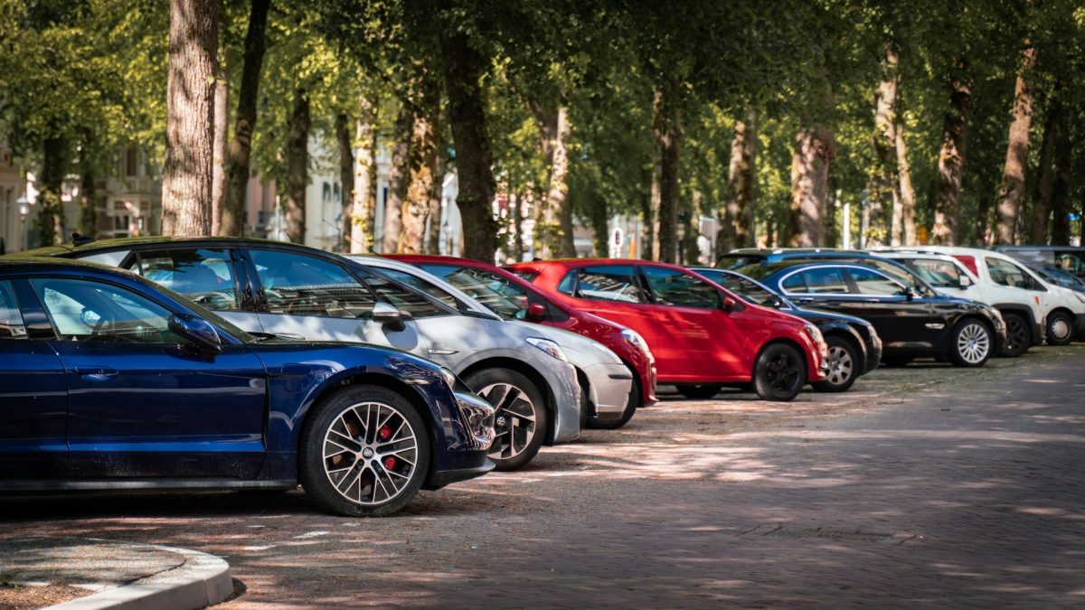 Voitures stationnées sur des places de parking en extérieur, sous les arbres.