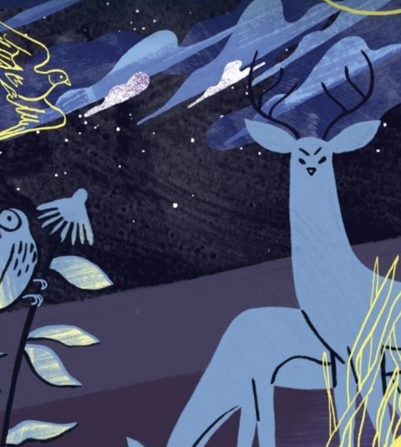 Illustration d’un cerf bleu dans un décor hivernal pour Noël au Château à Nantes.